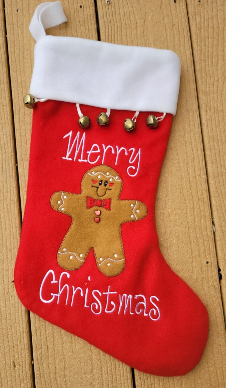 Gengerbread Man & Bells Christmas Stocking 21" Long
